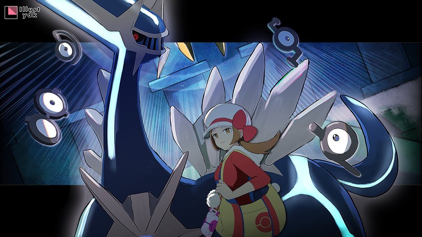 lyra, dialga, unown, unown s, unown d, and 2 more (pokemon and 1 more) drawn by yadoki