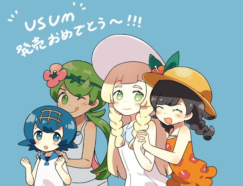 lillie, selene, lana, and mallow (pokemon and 2 more) drawn by pukiko