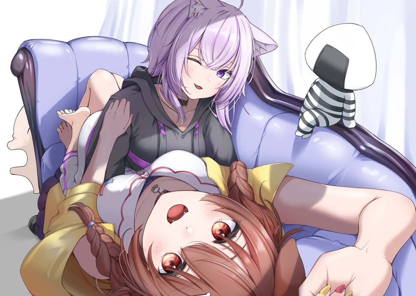 nekomata okayu, inugami korone, listener, and onigirya (hololive) drawn by hairu_821