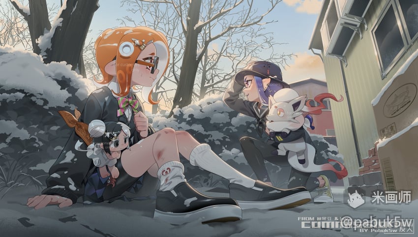 inkling player character, inkling girl, octoling player character, octoling girl, and hisuian zorua (pokemon and 1 more) drawn by pabuk5w