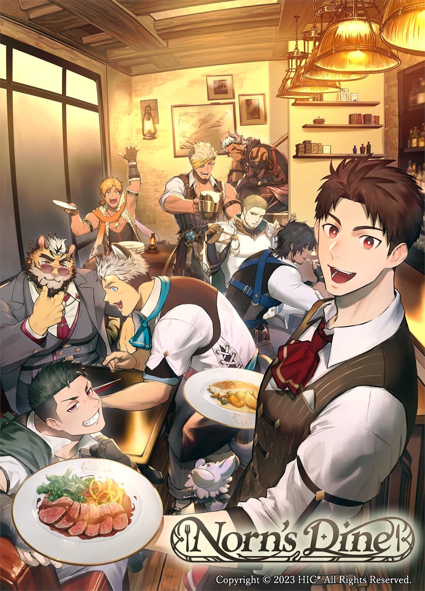 asahi, giulio, rito, frederick, laplace, and 5 more (norn's dine) drawn by gozu_farm, haiki_(tegusu), itto_(mentaiko), nullq_(nullqllun), and taro_bandit