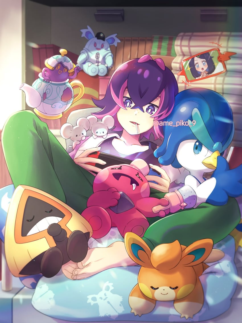 rotom, rotom phone, liko, dot, pawmi, and 6 more (pokemon and 1 more) drawn by amedamaneko