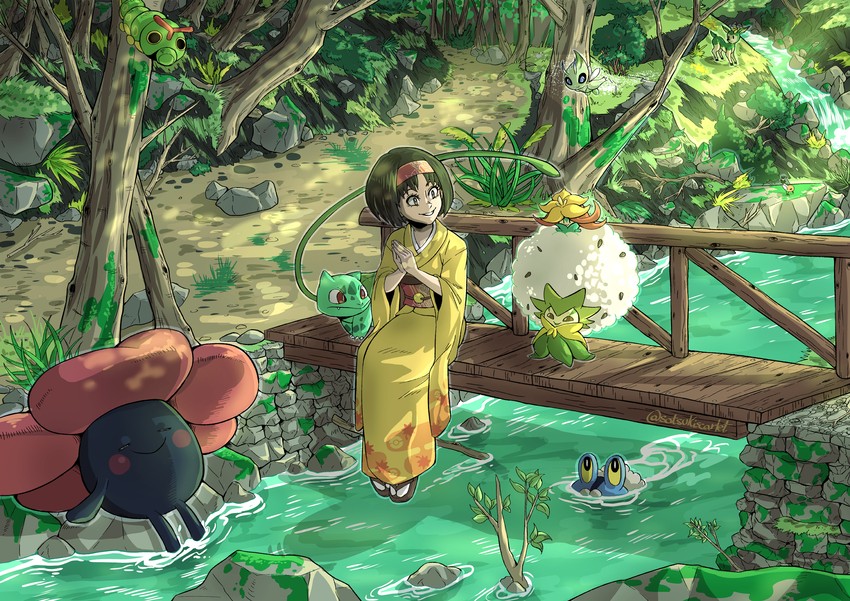 bulbasaur, sobble, erika, celebi, froakie, and 6 more (pokemon and 1 more) drawn by satsukimanyula