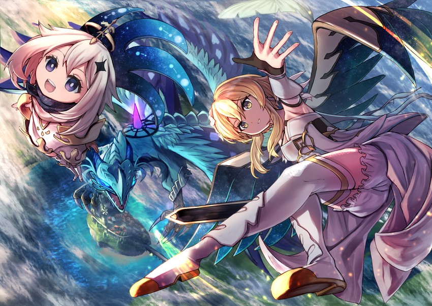 lumine, paimon, and dvalin (genshin impact) drawn by amane_sora