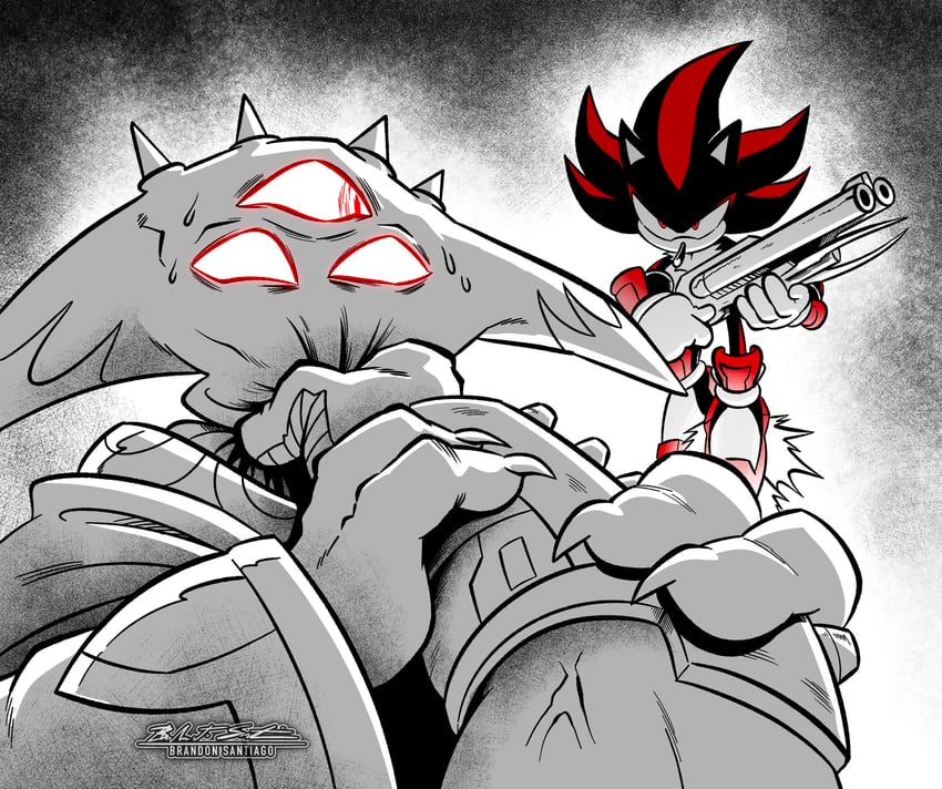 shadow the hedgehog, doomguy, and black doom (sonic and 3 more) drawn by brandon_santiago