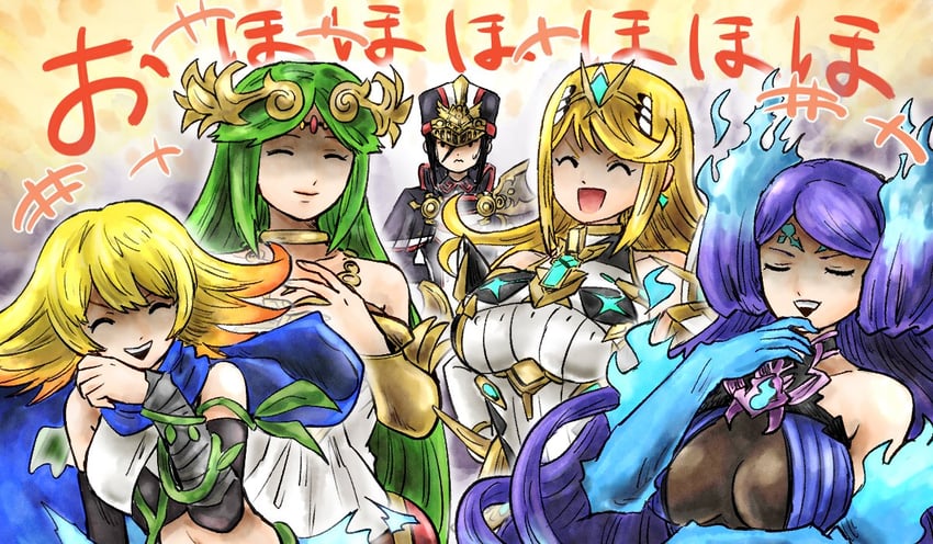 mythra, palutena, morag ladair, brighid, and phosphora (xenoblade chronicles and 4 more) drawn by kicdon