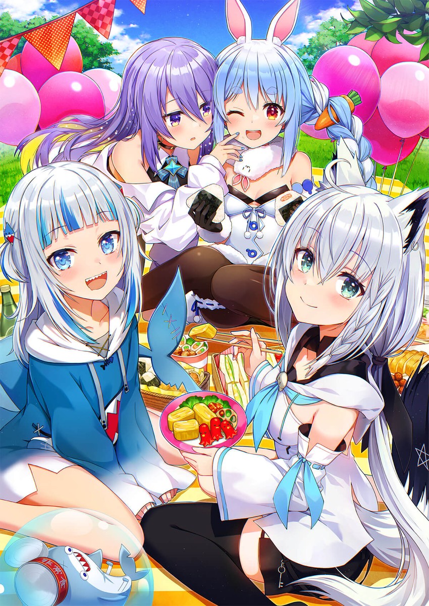 gawr gura, shirakami fubuki, usada pekora, don-chan, bloop, and 1 more (hololive and 2 more) drawn by amagai_tarou