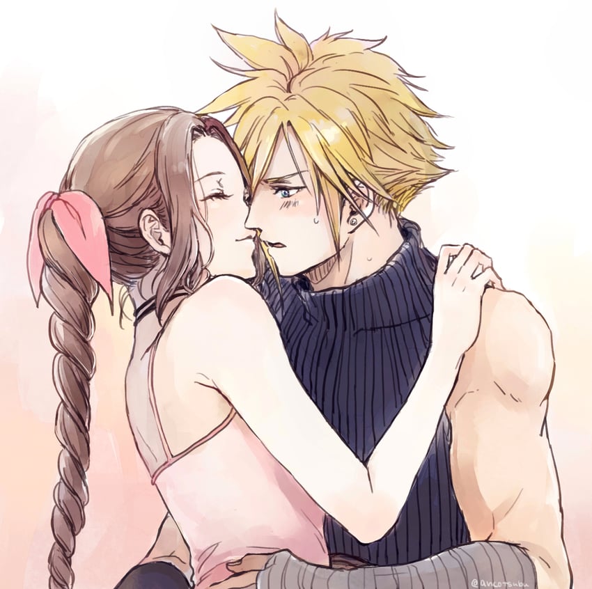 cloud strife and aerith gainsborough (final fantasy and 2 more) drawn by ancotsubu