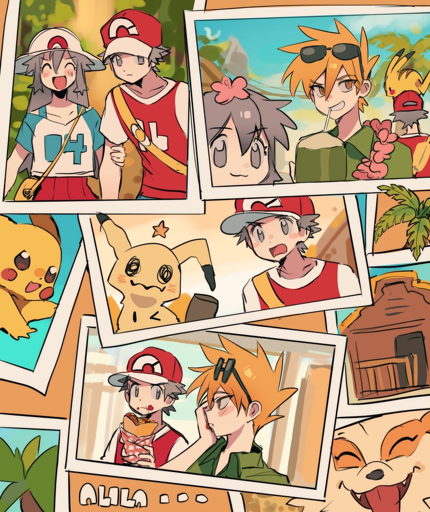 pikachu, red, blue oak, leaf, mimikyu, and 1 more (pokemon and 2 more) drawn by ki2ri5