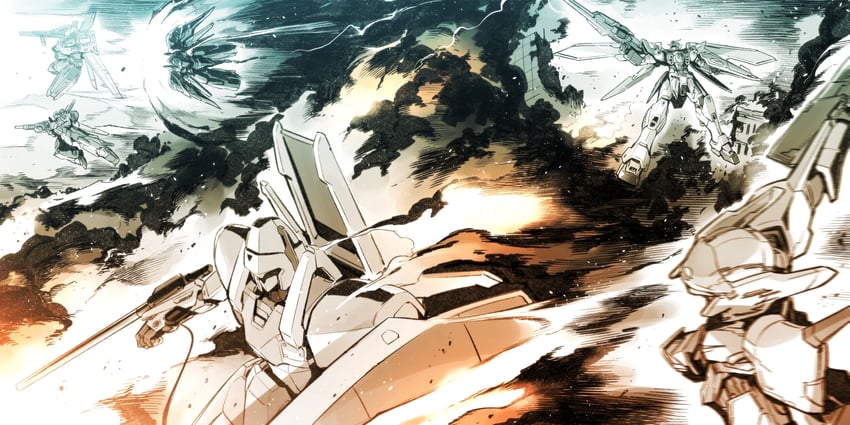 wing gundam, layzner, d-1, l-gaim, black selena, and 1 more (gundam and 8 more) drawn by kato_takuji