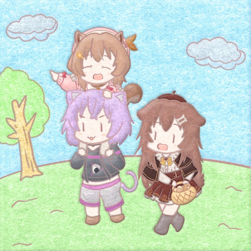nekomata okayu, inugami korone, and ayunda risu (hololive and 1 more) drawn by aoe