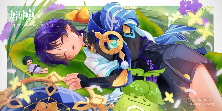 scaramouche, wanderer, and aranara (genshin impact) drawn by handari