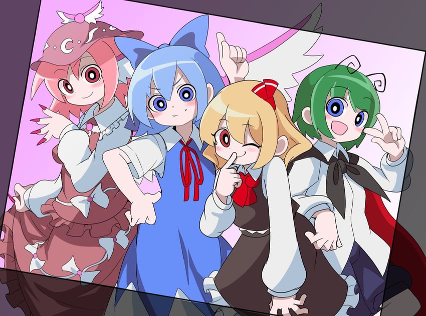 cirno, rumia, mystia lorelei, and wriggle nightbug (touhou) drawn by shinmon_akika
