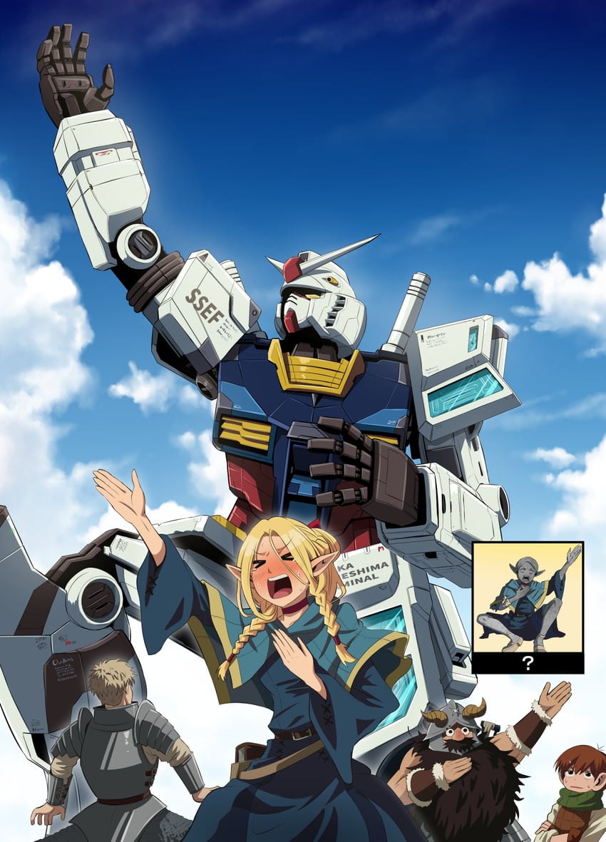 marcille donato, laios touden, senshi, chilchuck tims, rx-78-2 gundam, and 2 more (gundam and 3 more) drawn by fujitaka_nasu