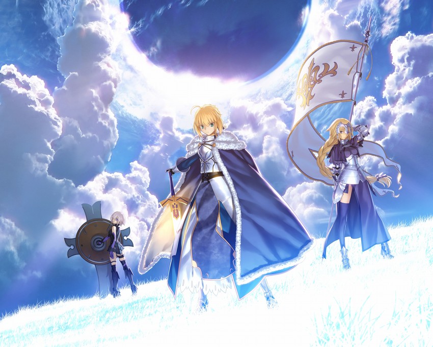 artoria pendragon, saber, mash kyrielight, and jeanne d'arc (fate and 1 more) drawn by takeuchi_takashi