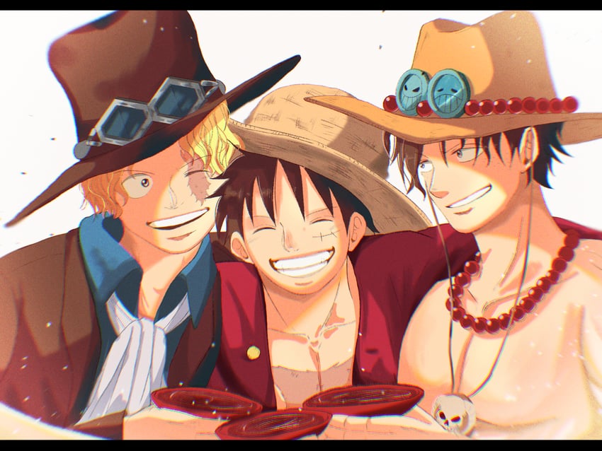 monkey d. luffy, portgas d. ace, and sabo (one piece) drawn by suzu_(suzuran_piece)