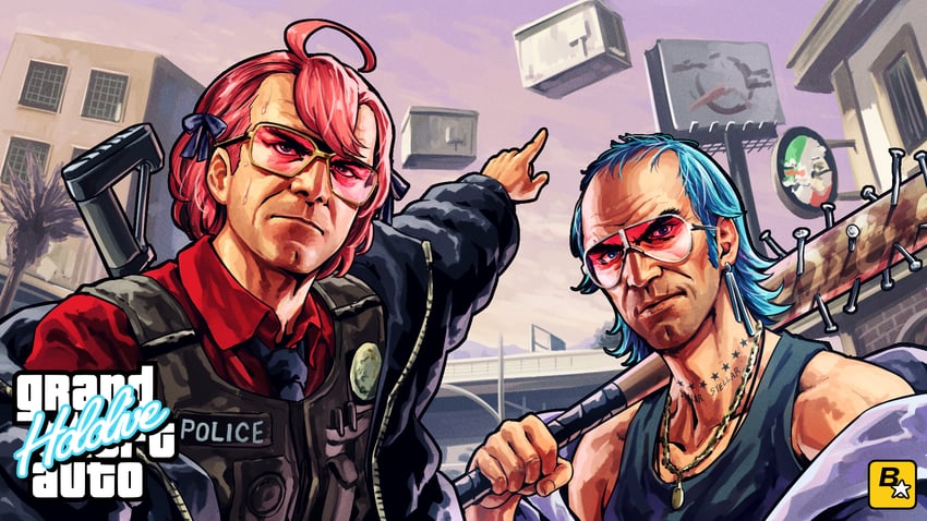 hoshimachi suisei, sakura miko, trevor philips, and michael de santa (hololive and 3 more) drawn by buru-dai