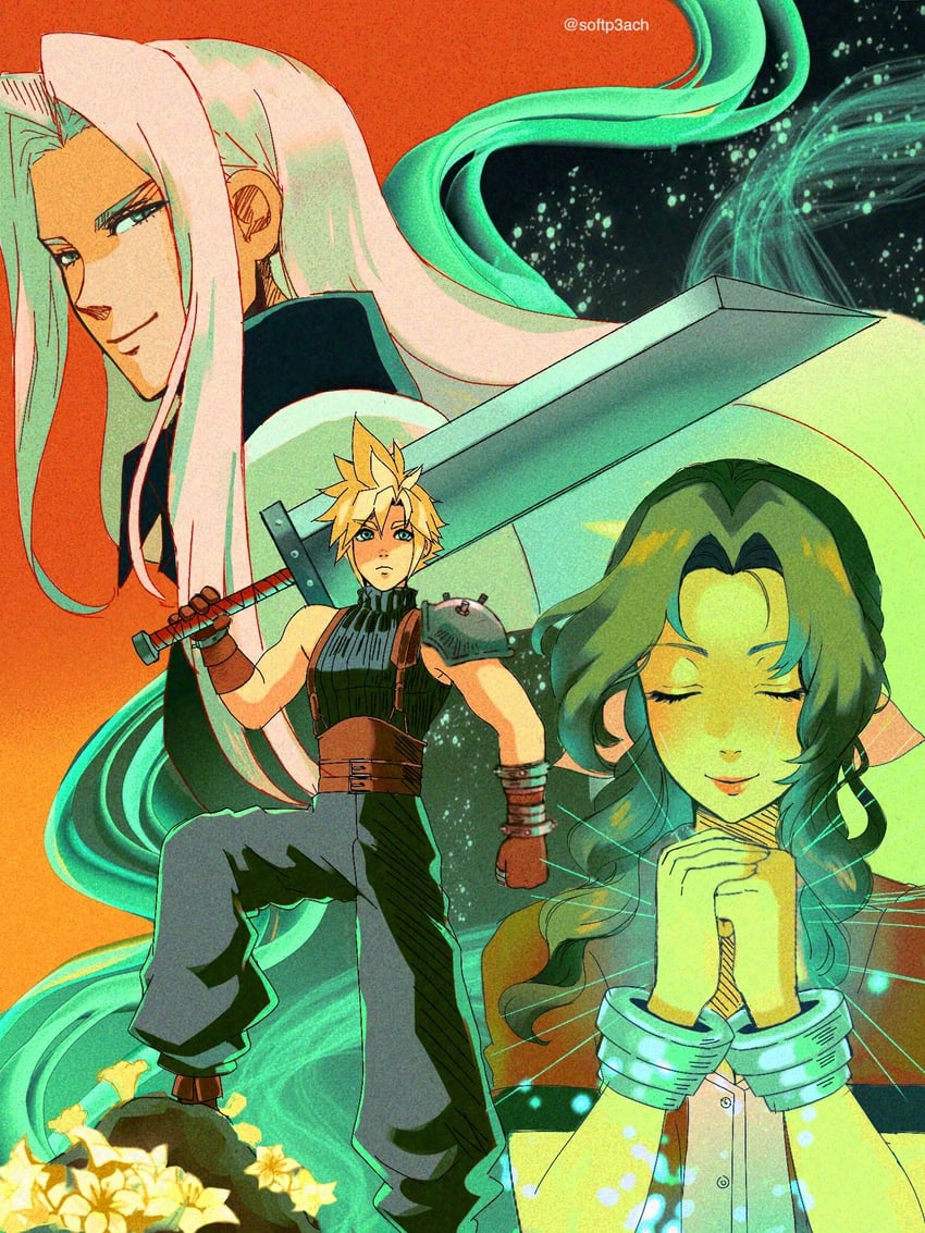 cloud strife, aerith gainsborough, and sephiroth (final fantasy and 1 more) drawn by softp3ach