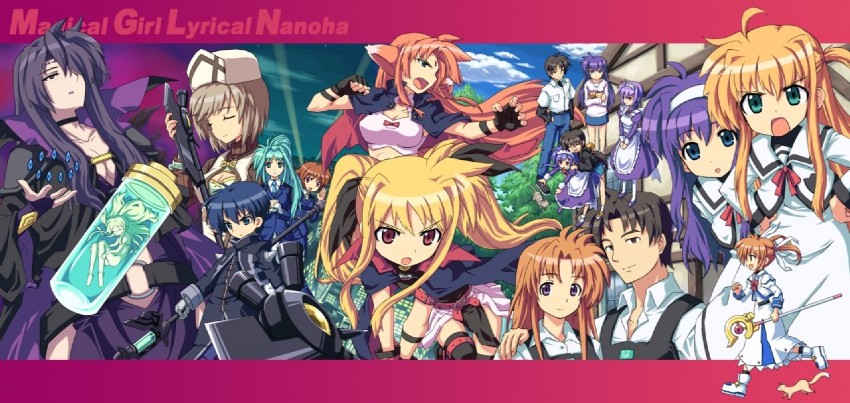fate testarossa, takamachi nanoha, raising heart, yuuno scrya, arisa bunnings, and 17 more (lyrical nanoha and 1 more) drawn by pera