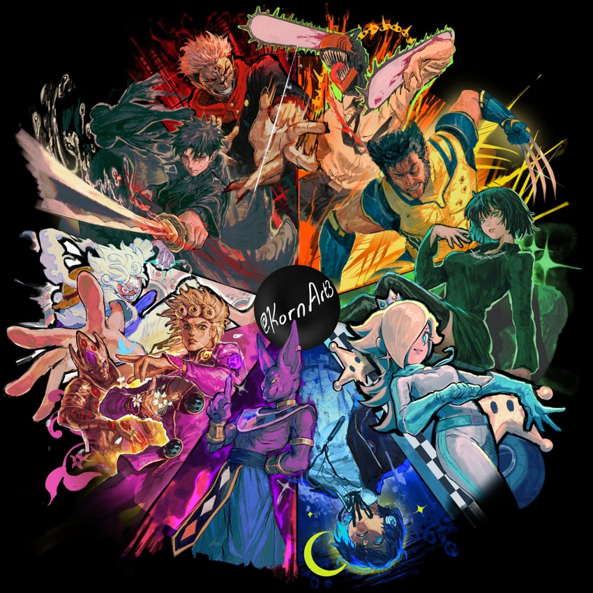 monkey d. luffy, denji, yuuki makoto, giorno giovanna, rosalina, and 7 more (jojo no kimyou na bouken and 14 more) drawn by kornart