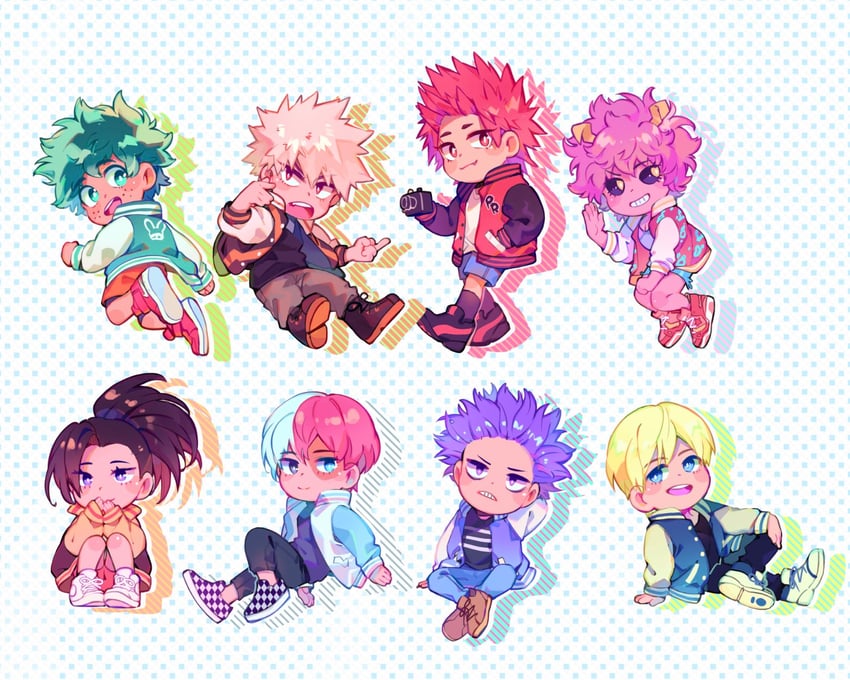 midoriya izuku, bakugou katsuki, todoroki shoto, yaoyorozu momo, ashido mina, and 3 more (boku no hero academia) drawn by crispyfrites