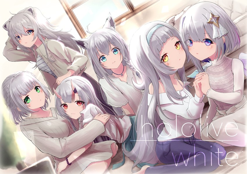 shirakami fubuki, amane kanata, shirogane noel, shishiro botan, murasaki shion, and 1 more (hololive) drawn by hilamaru