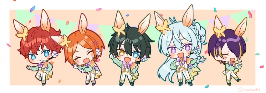 kagehira mika, amagi hiiro, hibiki wataru, sengoku shinobu, and aoi hinata (ensemble stars!) drawn by shisokonbu