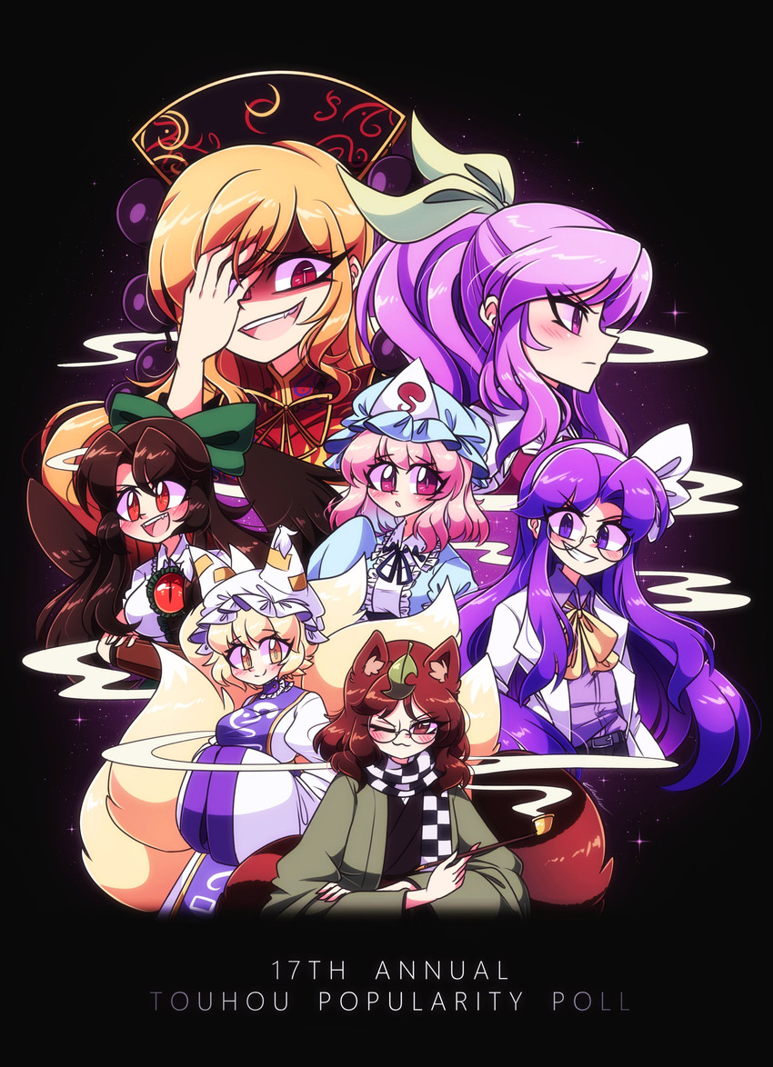 saigyouji yuyuko, yakumo ran, reiuji utsuho, junko, futatsuiwa mamizou, and 2 more (touhou) drawn by littlecloudie