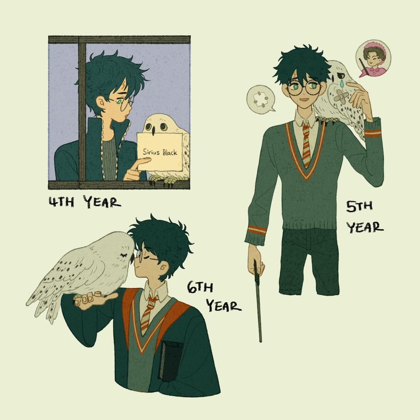harry potter, sirius black, hedwig, and dolores umbridge (wizarding world and 1 more) drawn by helen_jee