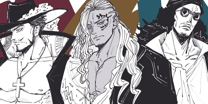 dracule mihawk, king, and aokiji (one piece) drawn by monmonmochigome