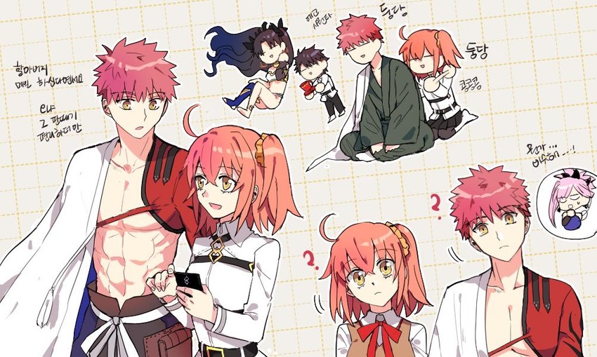 fujimaru ritsuka, emiya shirou, miyamoto musashi, ishtar, and senji muramasa (fate and 1 more) drawn by appleale19
