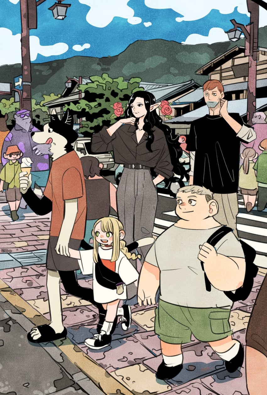 marcille donato, laios touden, senshi, chilchuck tims, and izutsumi (dungeon meshi) drawn by takeuchi_ryousuke
