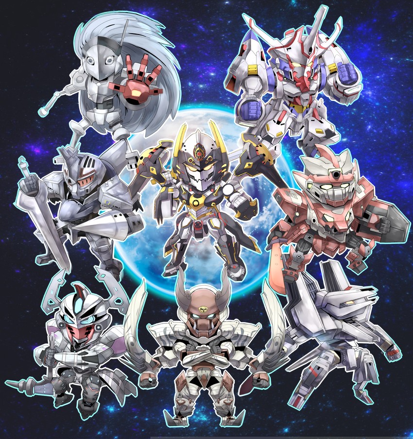 tsugumori, delphine, earth engine impacter, daimidaler type-3, the fool, and 3 more (super robot wars and 8 more) drawn by nonon_(xenonbot)