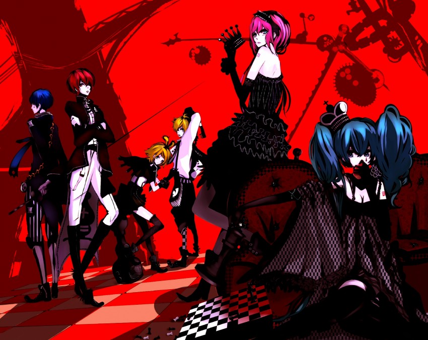 hatsune miku, kagamine rin, kagamine len, megurine luka, kaito, and 1 more (vocaloid) drawn by uni_(nacchan)