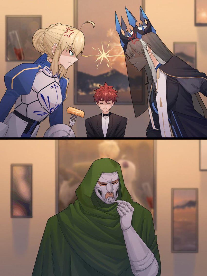artoria pendragon, saber, emiya shirou, morgan le fay, and doctor doom (fate and 1 more) drawn by suhyeon