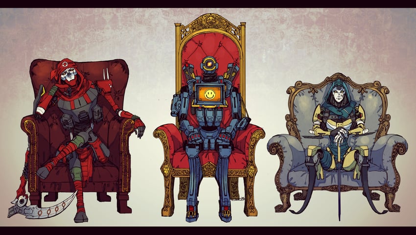 ash, revenant, pathfinder, and classic revenant (apex legends) drawn by shiba_shiba