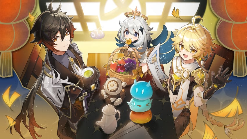 lumine, aether, zhongli, paimon, and slime (genshin impact) drawn by hayama_eishi