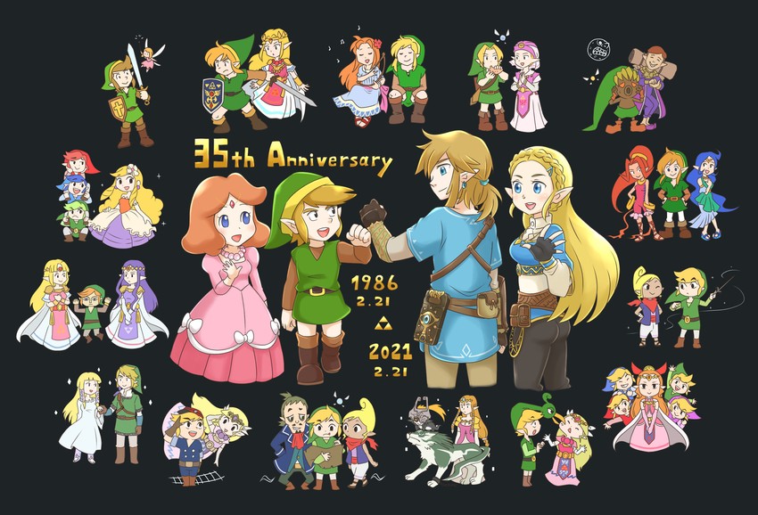 link, princess zelda, midna, toon link, young link, and 16 more (the legend of zelda and 17 more) drawn by aogaeru_(pixiv46613656)