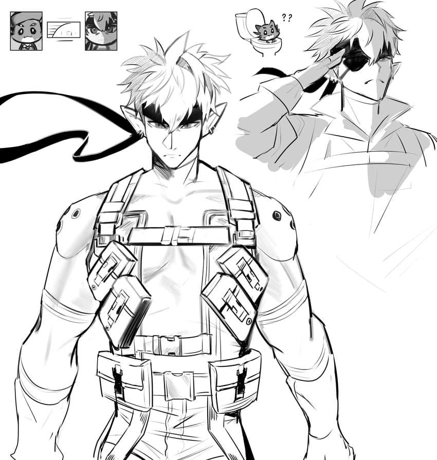 solid snake, big boss, naked snake, crimzon ruze, roy campbell, and 1 more (holostars and 4 more) drawn by raacos
