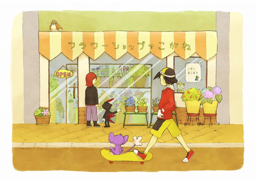 ethan, silver, meowth, shaymin, oddish, and 3 more (pokemon and 1 more) drawn by satonaka