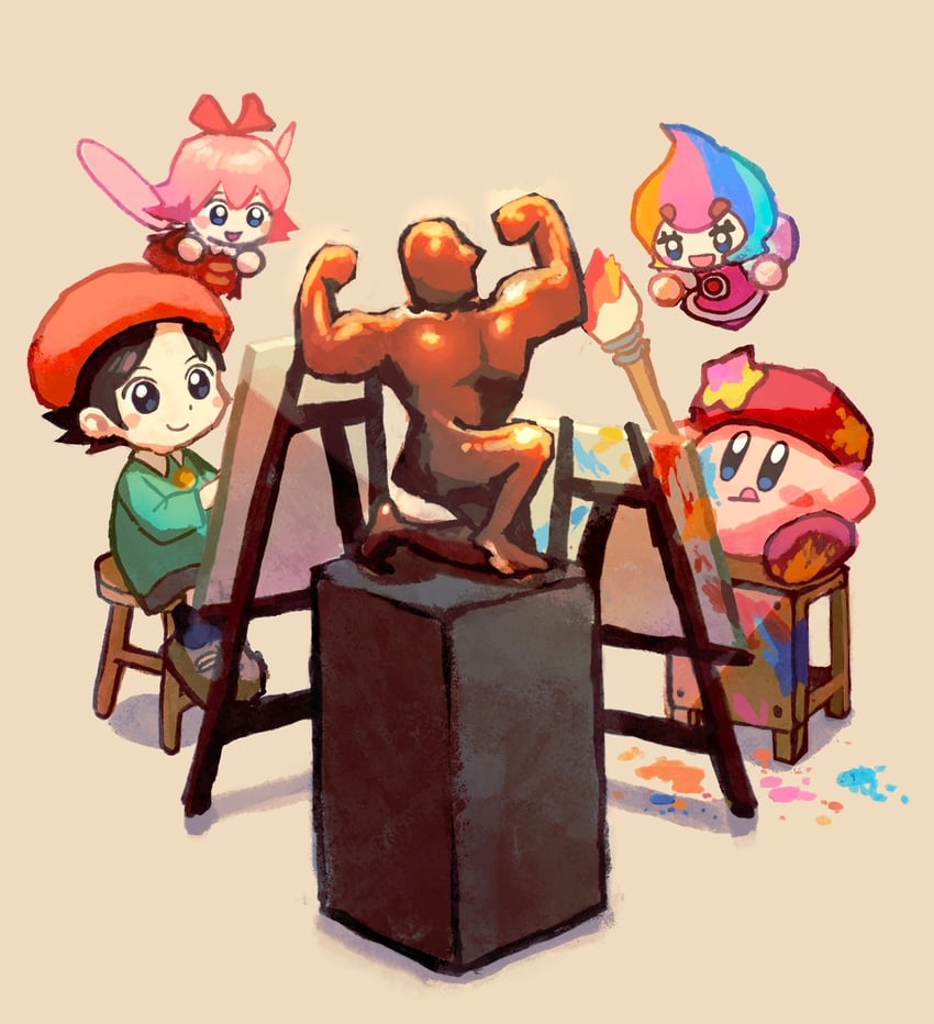 kirby, adeleine, ribbon, elline, and artist kirby (kirby) drawn by aruco_co