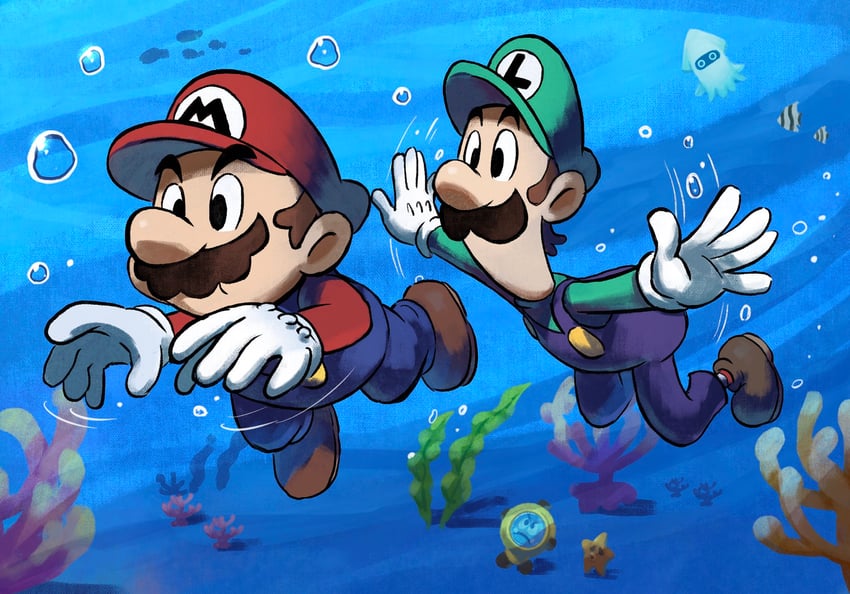 mario, luigi, blooper, goomdiver, and starkiss (mario and 2 more) drawn by yamari_(ya_mari_6363)