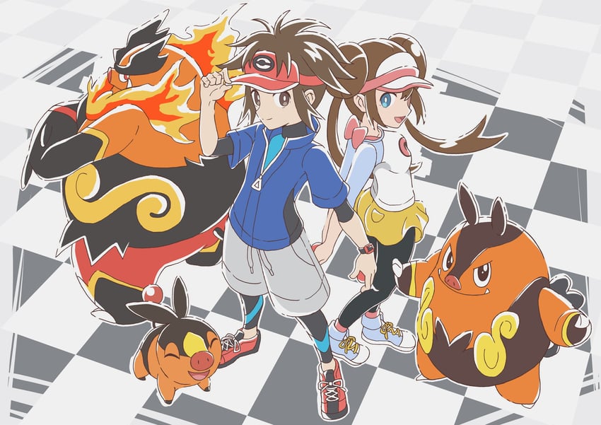 rosa, tepig, nate, emboar, and pignite (pokemon and 1 more) drawn by asatsuki_(fgfff)