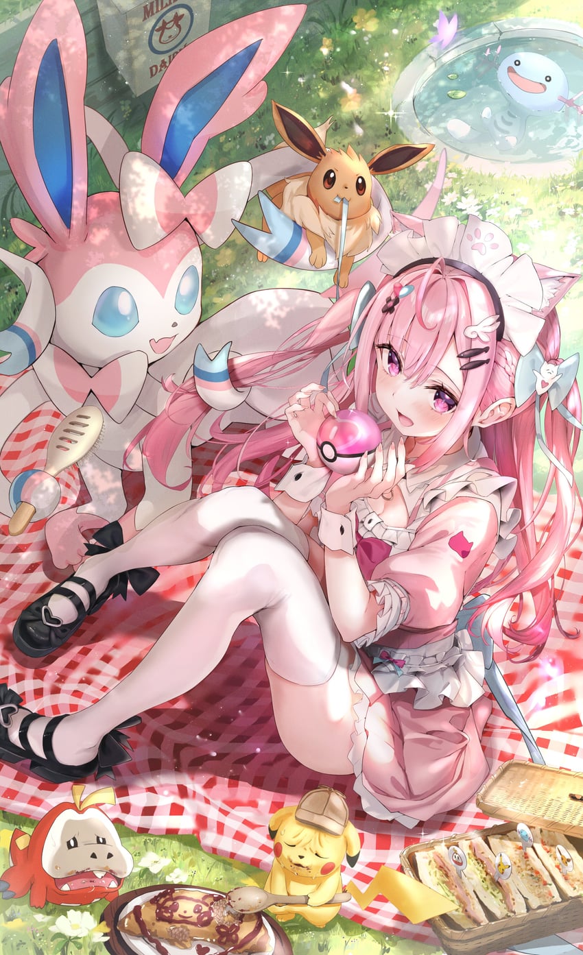 pikachu, eevee, sylveon, fuecoco, wooper, and 2 more (pokemon and 1 more) drawn by mugiusagi