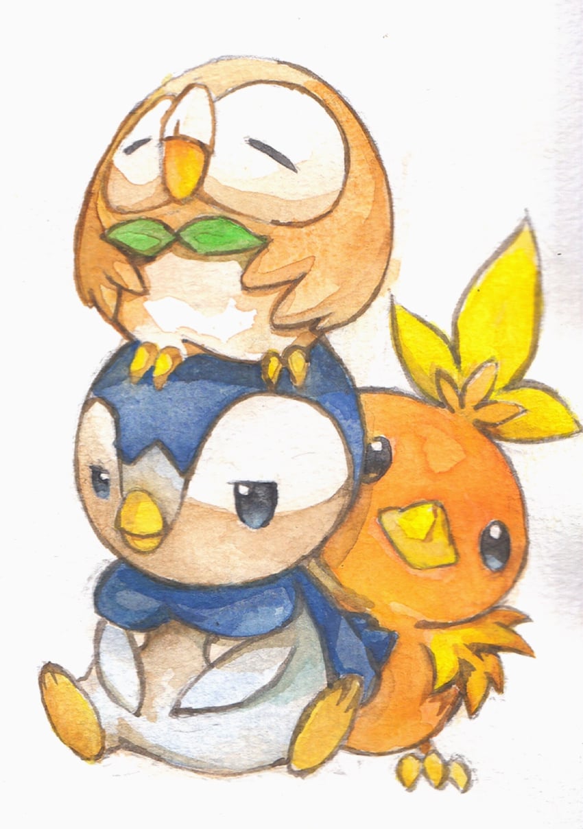 rowlet, piplup, and torchic (pokemon) drawn by gara_(qbeuxvii22)