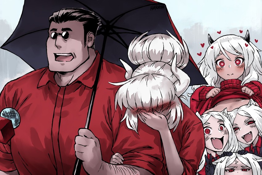 lucifer, modeus, helltaker, and cerberus (helltaker) drawn by haraya_manawari