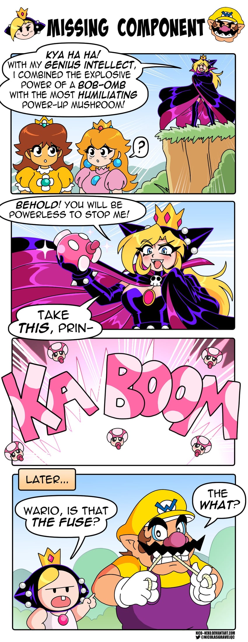 princess peach, princess daisy, wario, bob-omb, and warupeach (mario and 4 more) drawn by nico-neko