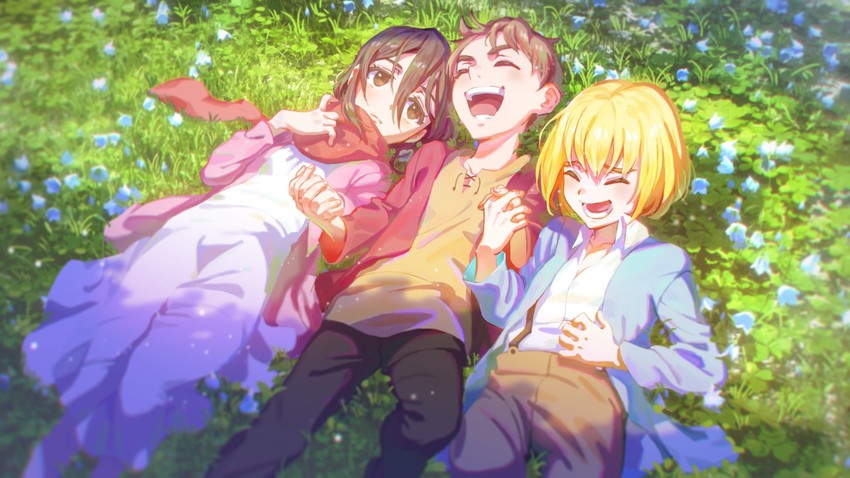 mikasa ackerman, eren yeager, and armin arlert (shingeki no kyojin) drawn by meipu_hm