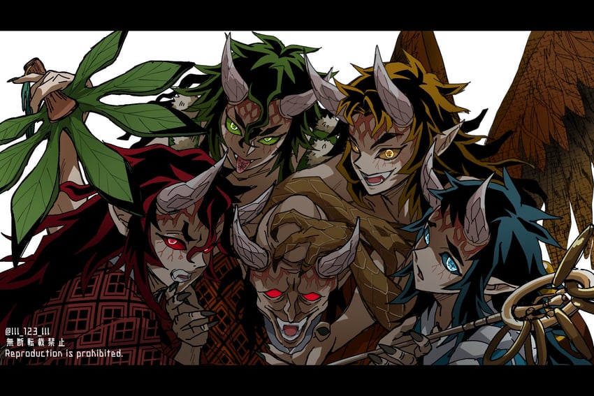 urogi, karaku, sekido, aizetsu, and hantengu (kimetsu no yaiba) drawn by lll_123_lll