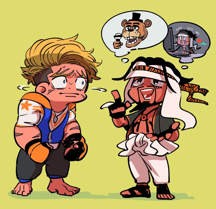 luke sullivan, freddy fazbear, and rashid (street fighter and 2 more) drawn by caxqov